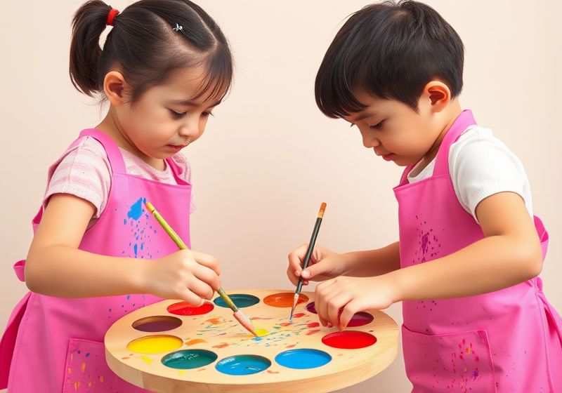 Duas crianças pintando com cores vibrantes em uma atividade criativa.