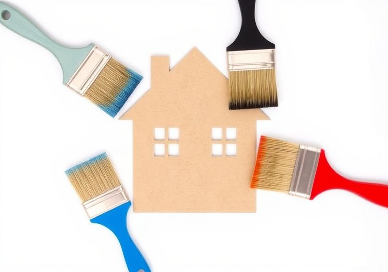 Pincéis e uma casa de papelão em uma composição simétrica
