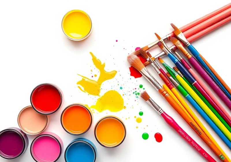 Pincéis e tintas coloridas em uma composição artística