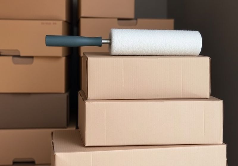 Roller de tinta sobre caixas de papelão em uma cena cotidiana