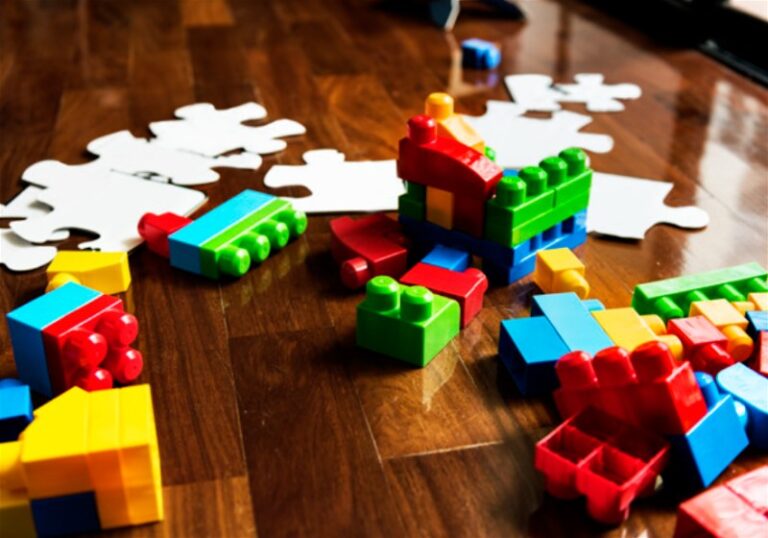 Brinquedos de montar espalhados pelo chão