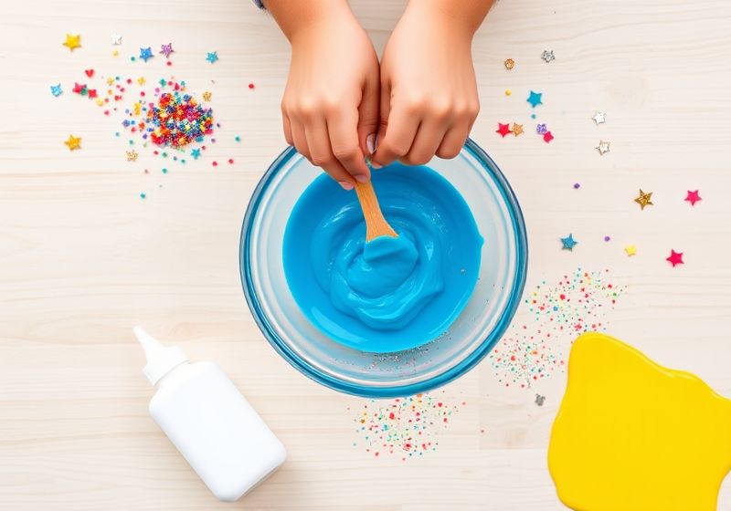Criança misturando slime azul brilhante com glitter e forminhas em uma atividade criativa.