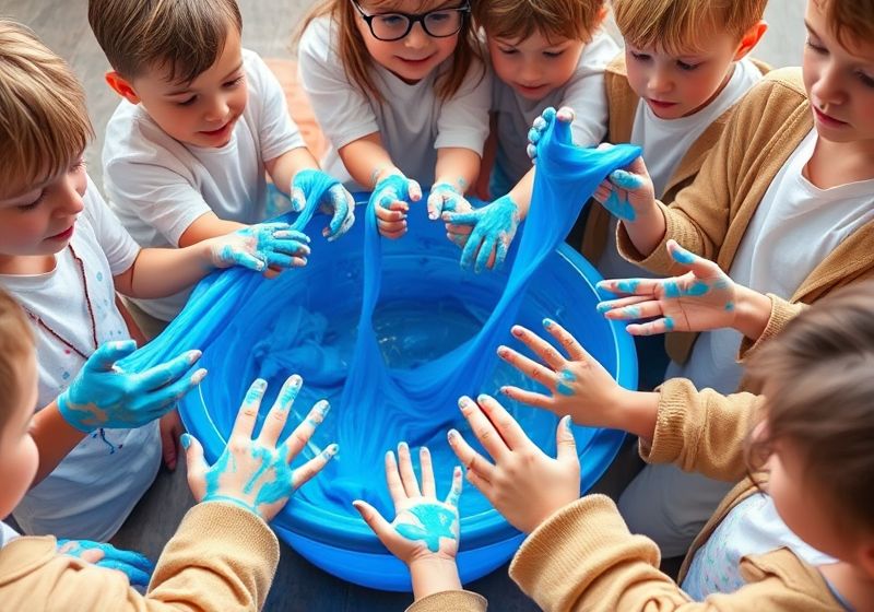 Crianças brincando com slime azul vibrante em uma atividade divertida e criativa