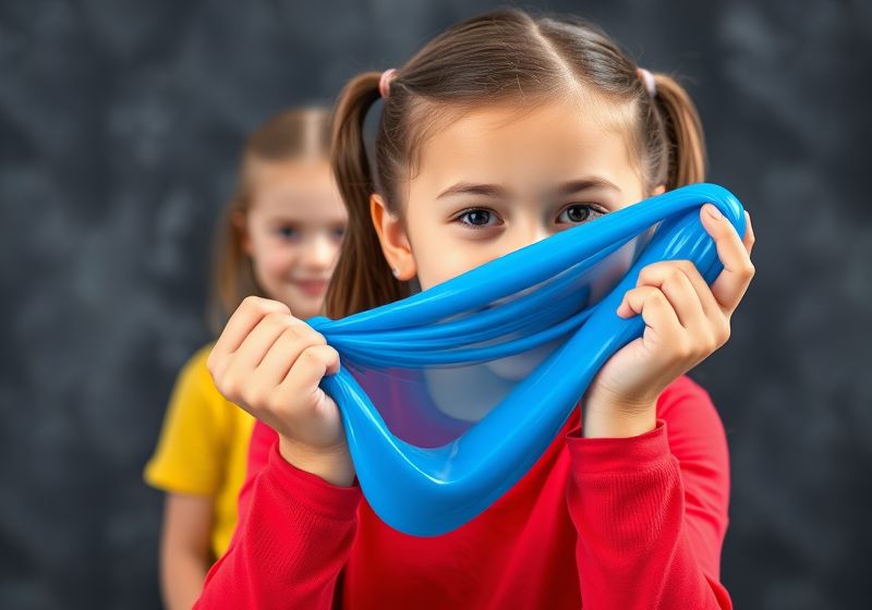 Menina sorrindo misturando slime azul vibrante em uma atividade divertida.