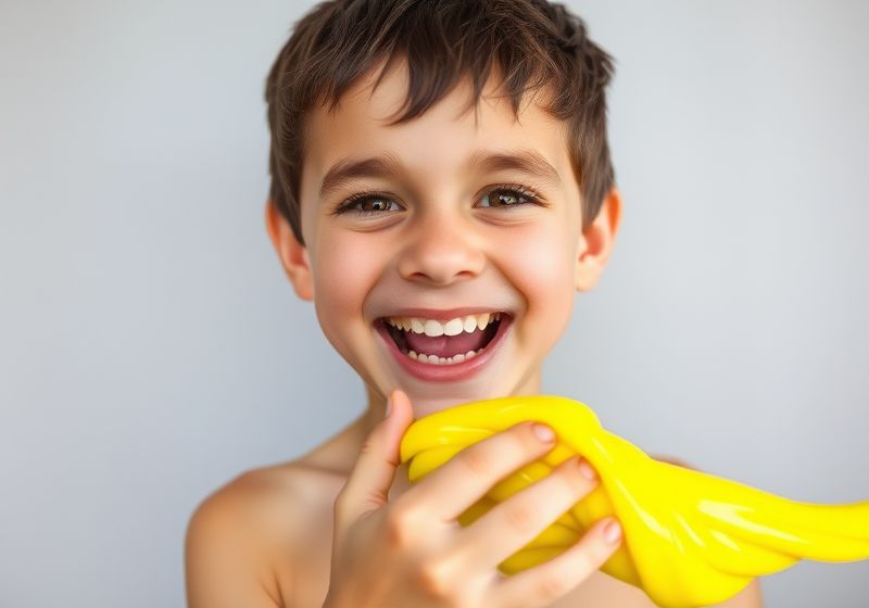 Menino sorrindo misturando slime amarelo vibrante em uma atividade divertida